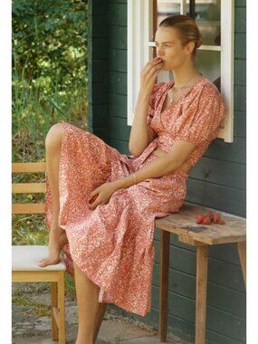 BeachGold Orange & Cream Paisley Tie Front Crop Top & Midi Skirt Set, Size M/L